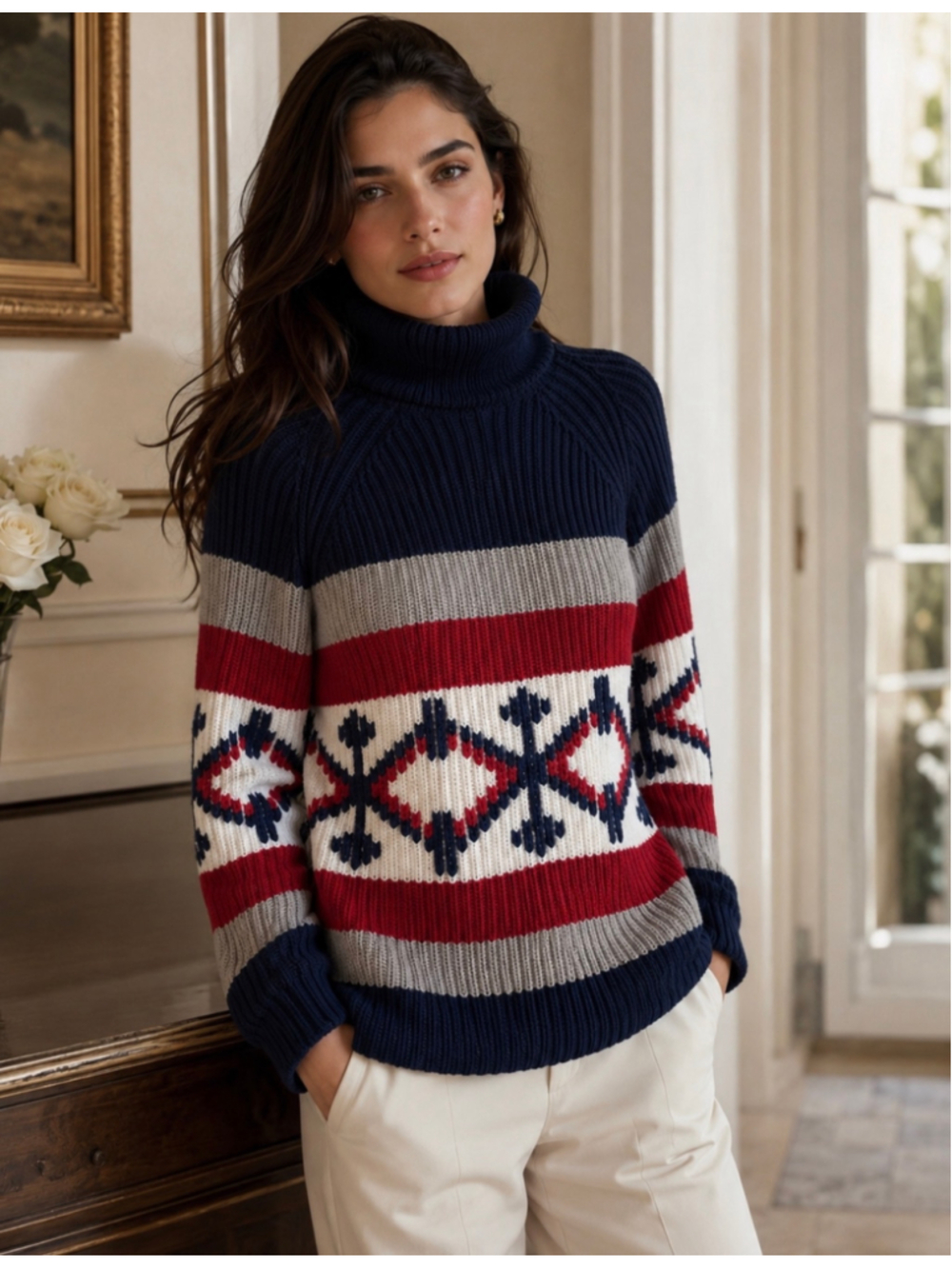 Prada Turtleneck Sweater Size L Blue Red White Patterned Knit Ski New w/Tags!